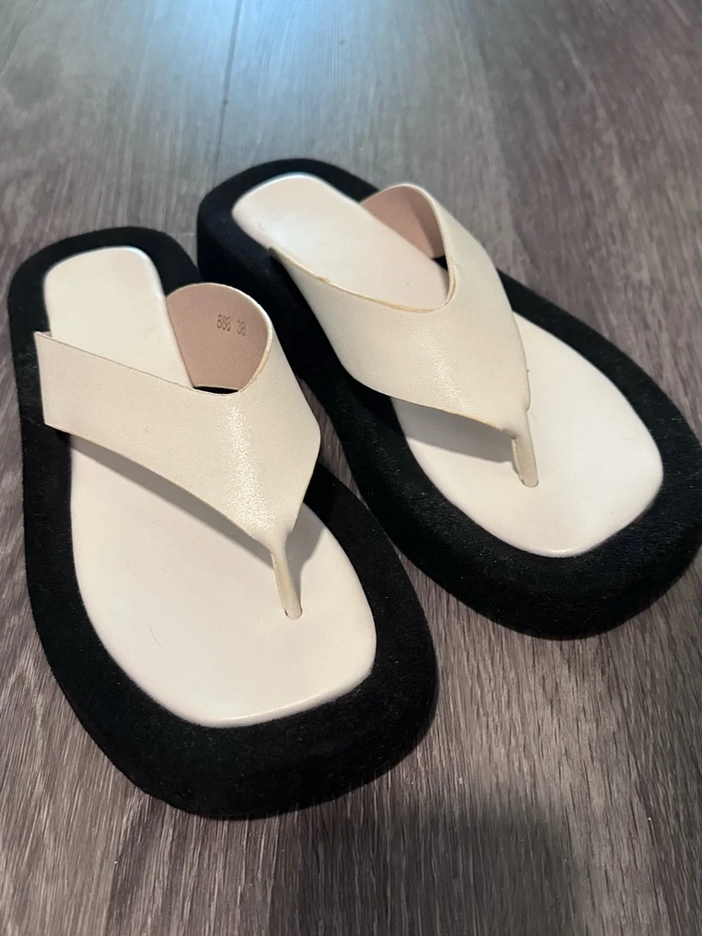 Cream Thong Sandals with Black Platform Sole